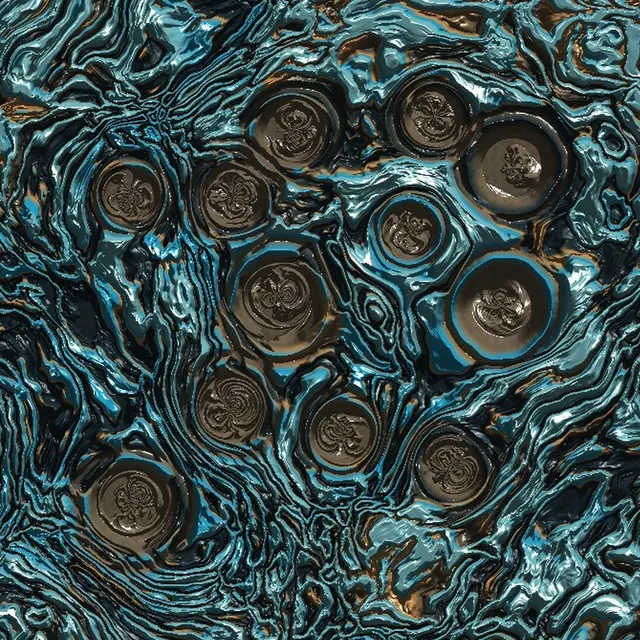 A PSEUDONYM portrait in the Mineral theme: turquoise and bronze fluid paint with embossed seals.