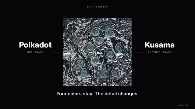 One portrait between the words Polkadot and Kusama: the same identity, a different trace on each network.